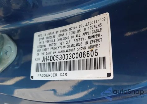 2003 Acura Rsx Type S z USA, uszkodzony, nr VIN JH4DC53033C006605